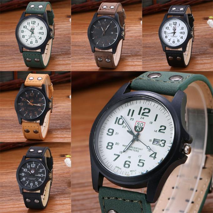 Wj-6931 2018 ολοκαίνουργια ρολόγια δέρματος χρώματος αντιστοιχιών σχεδίου SOKI για τα ρολόγια χαλαζία ατόμων με την ημερομηνία